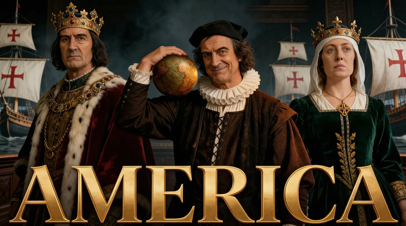 Cartel de America: Colón con un globo terráqueo entre los Reyes Católicos