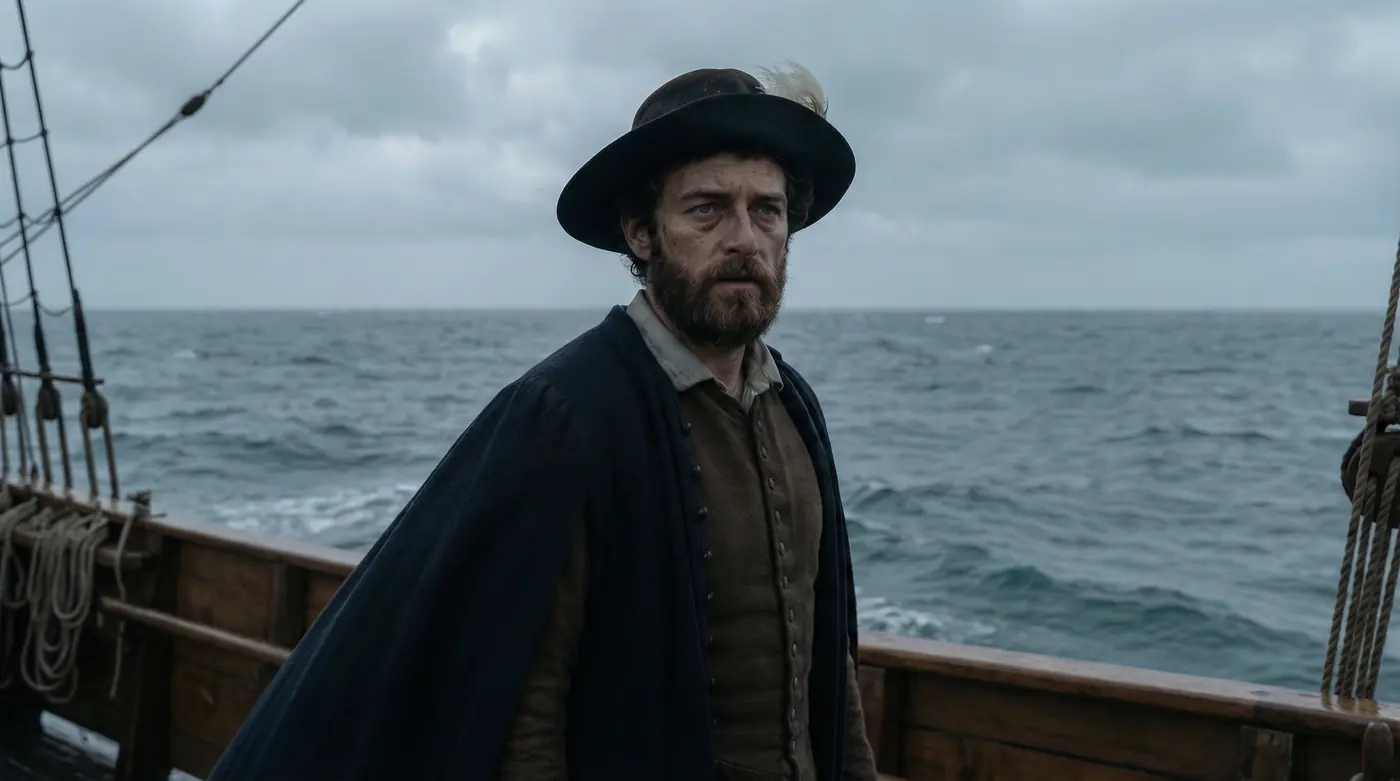 Juan Sebastián Elcano en la cubierta de una nao ante el mar gris