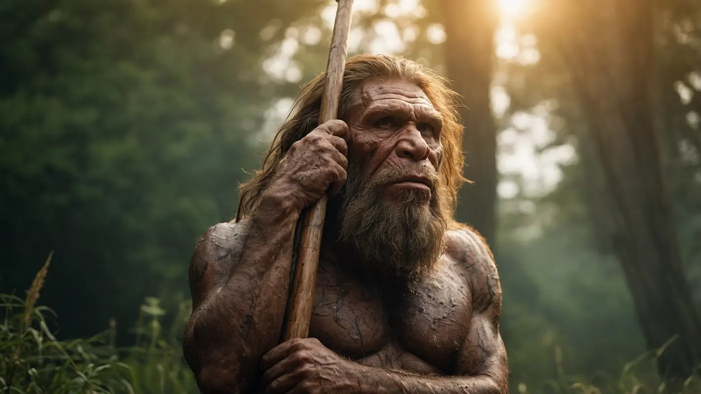 Recreación de un neandertal en un bosque al amanecer, fotograma de Humans